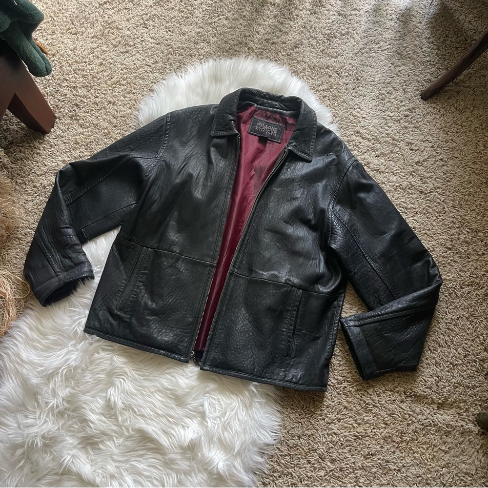 Wilsons Leather Black Bomber Jacket with Burgundy Lining